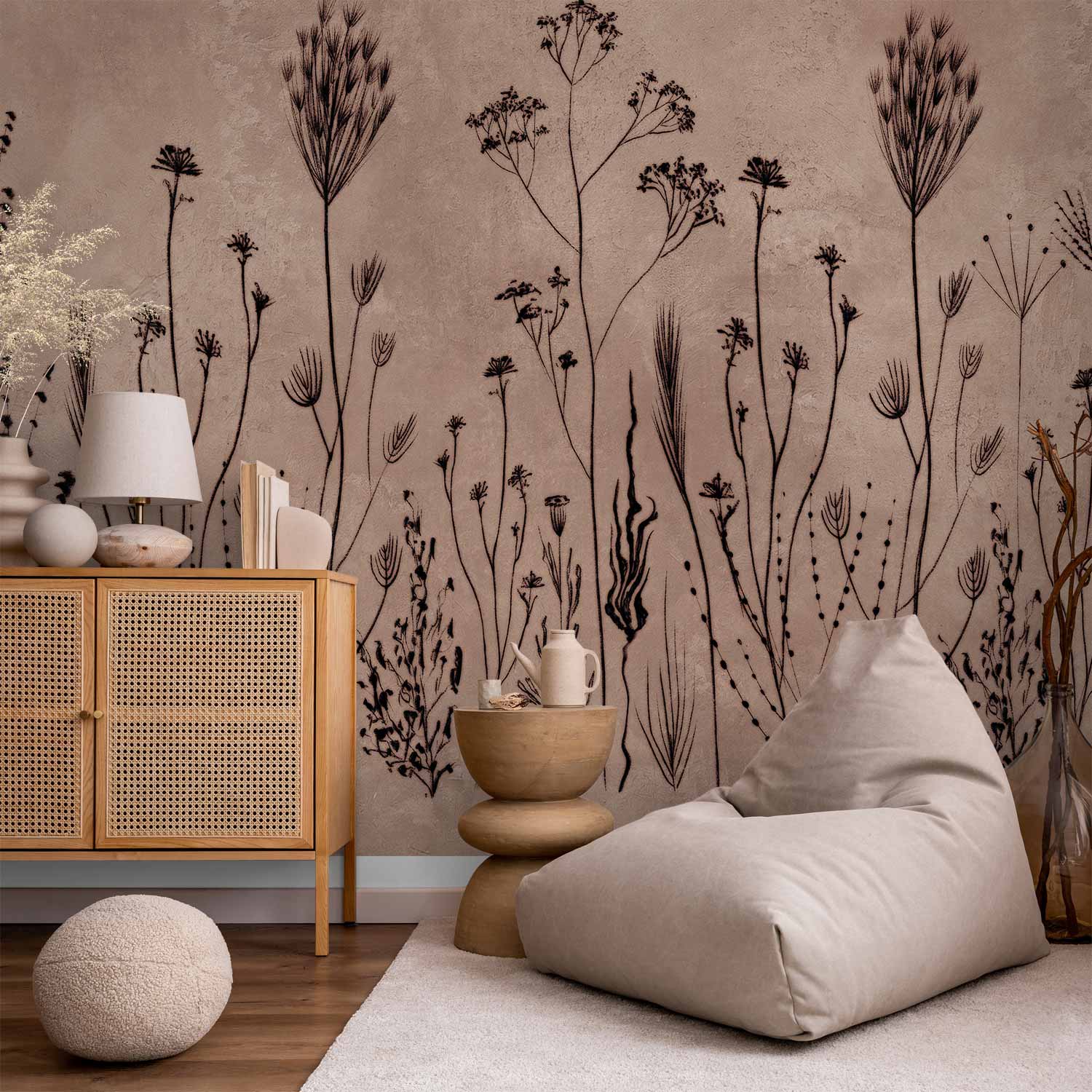 Premium Abstract Wall Mural - Wildflowers – Black Plants On Lime-Wash Background