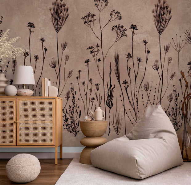 Premium Abstract Wall Mural - Wildflowers – Black Plants On Lime-Wash Background