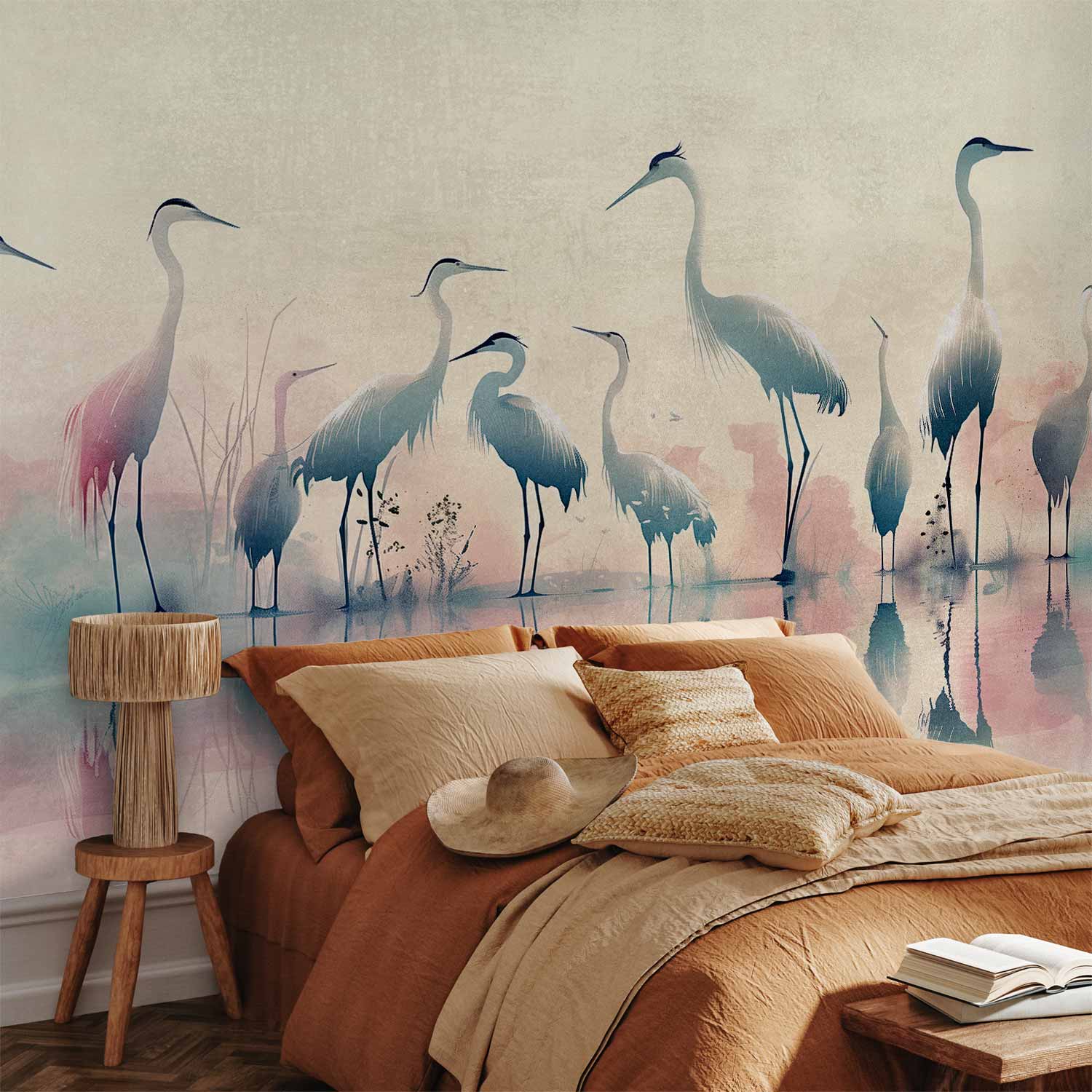 Premium Animal Wall Mural - Birds By The Lake - Herons Painted In Watercolour In Delicate Grey And Pink Colours