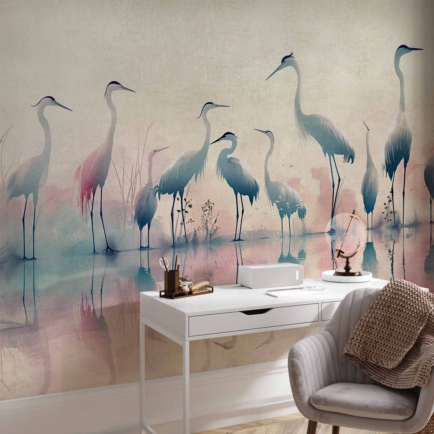 Premium Animal Wall Mural - Birds By The Lake - Herons Painted In Watercolour In Delicate Grey And Pink Colours