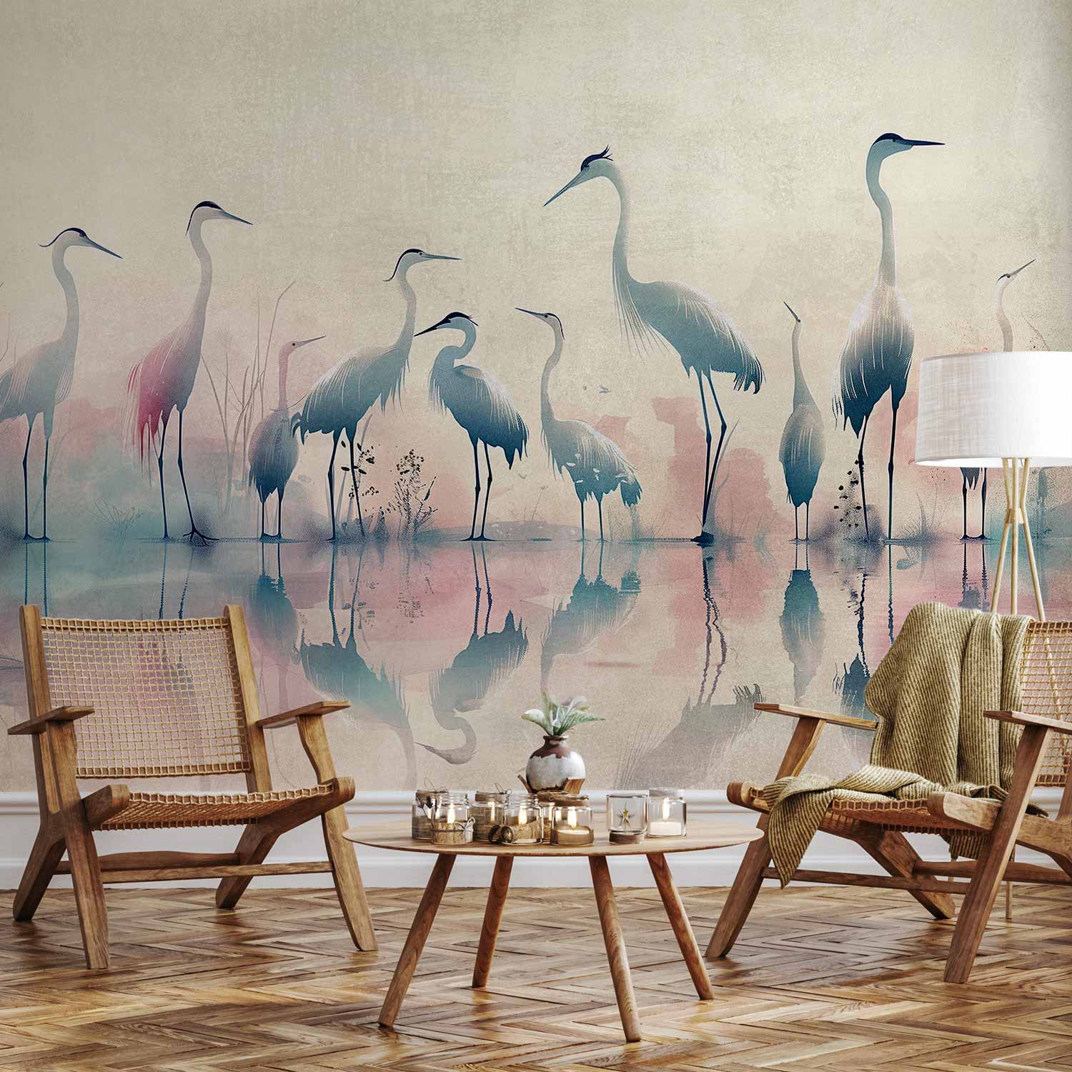 Premium Animal Wall Mural - Birds By The Lake - Herons Painted In Watercolour In Delicate Grey And Pink Colours