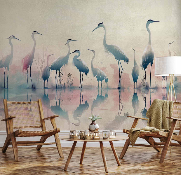 Premium Animal Wall Mural - Birds By The Lake - Herons Painted In Watercolour In Delicate Grey And Pink Colours