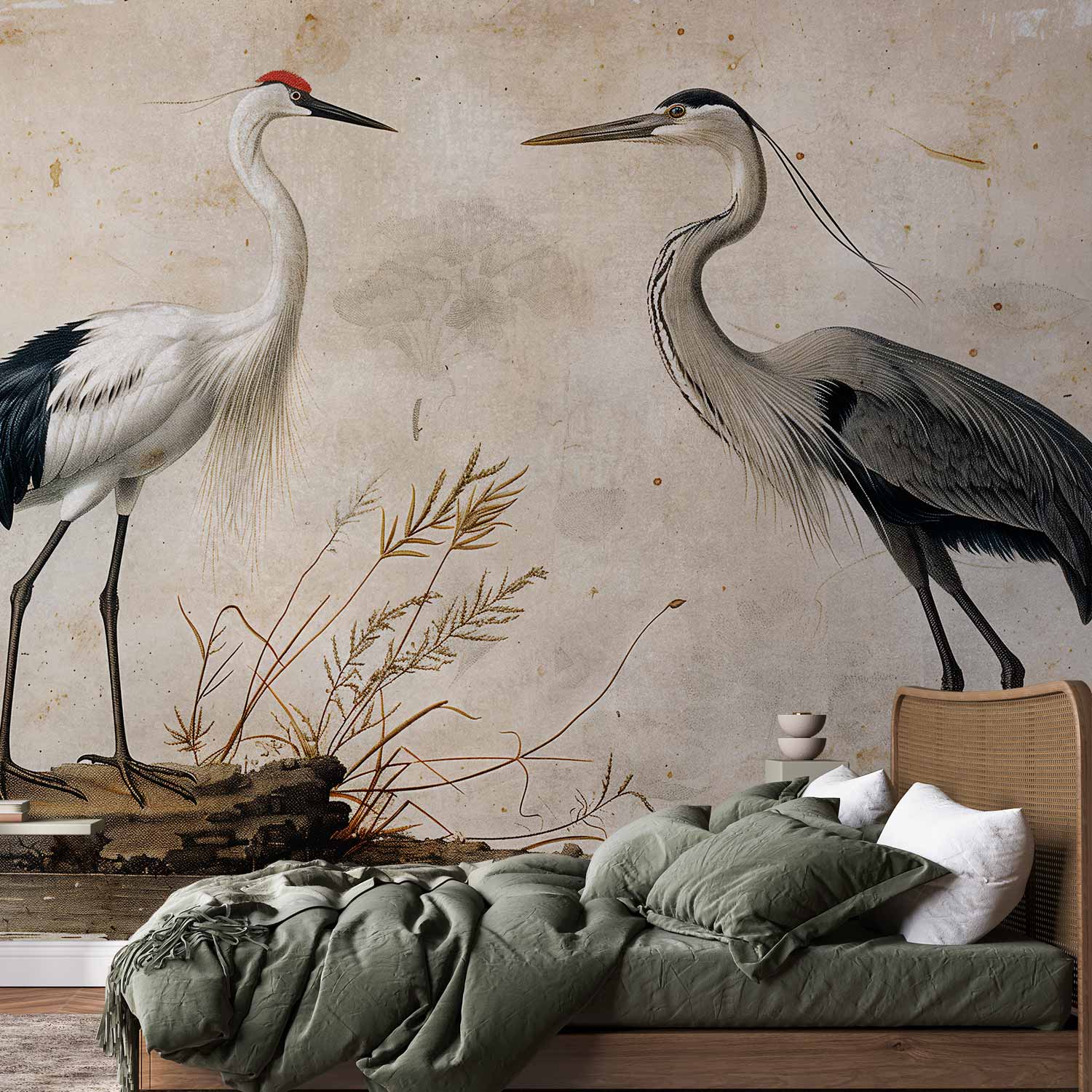 Premium Animal Wall Mural - Birds From An Old Engraving - Vintage-Style Illustration Depicting A Heron And A Crane