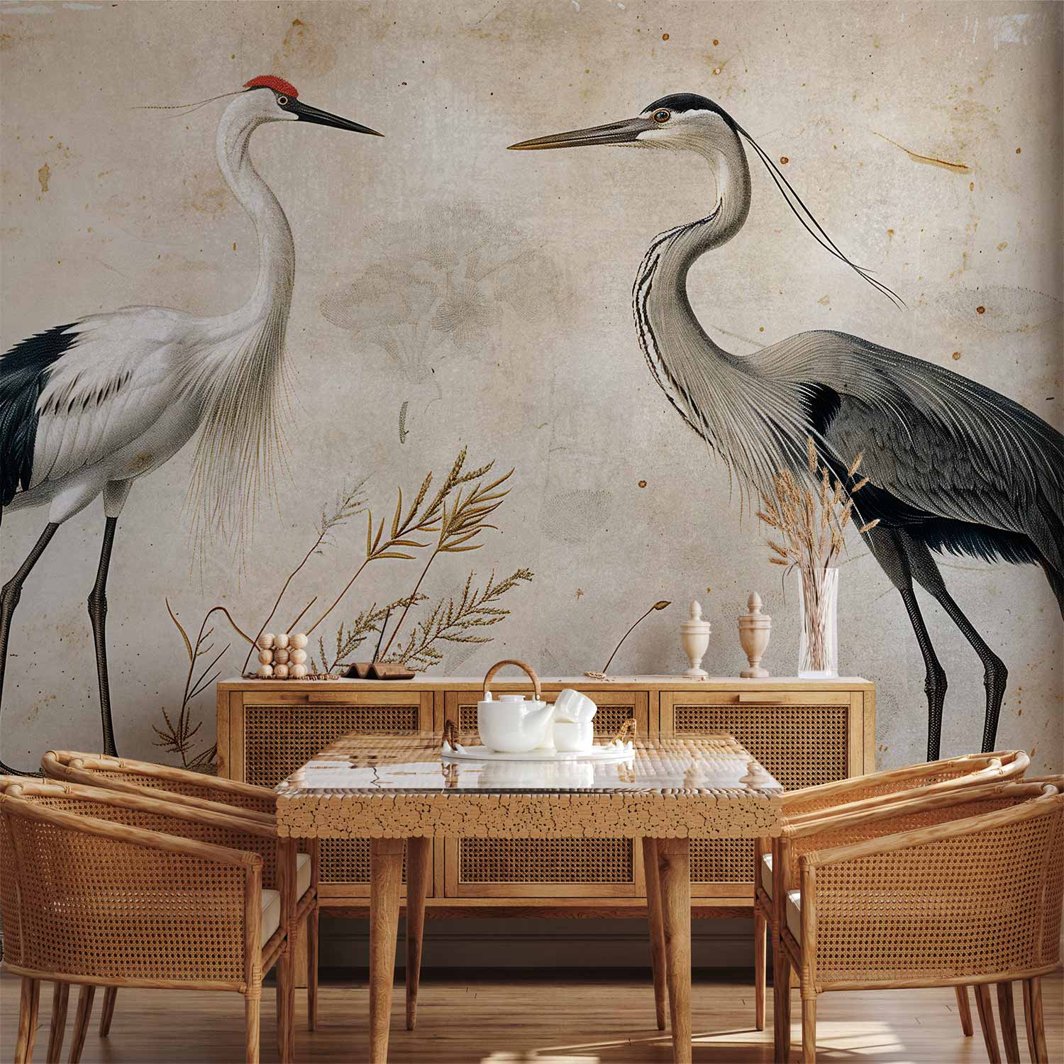 Premium Animal Wall Mural - Birds From An Old Engraving - Vintage-Style Illustration Depicting A Heron And A Crane