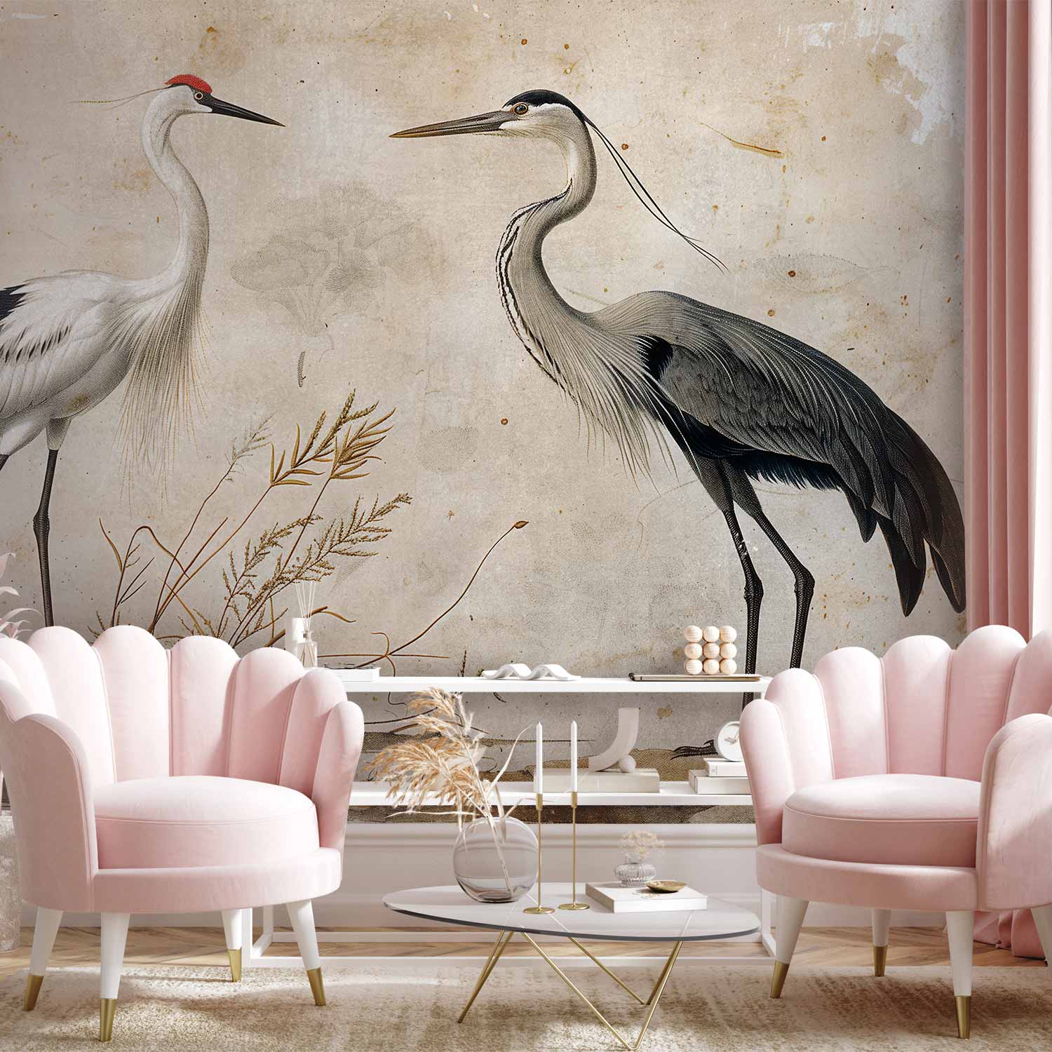 Premium Animal Wall Mural - Birds From An Old Engraving - Vintage-Style Illustration Depicting A Heron And A Crane