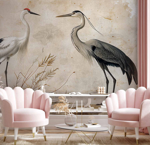 Premium Animal Wall Mural - Birds From An Old Engraving - Vintage-Style Illustration Depicting A Heron And A Crane