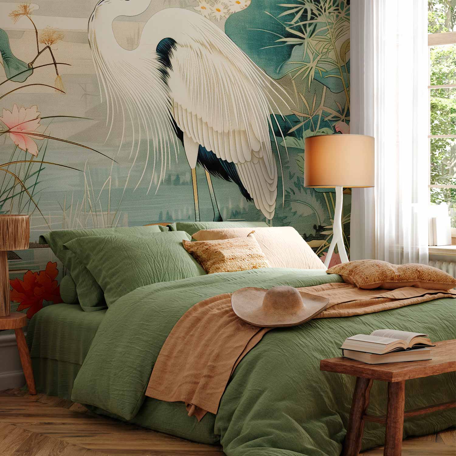 Premium Animal Wall Mural - By An Asian Pond - An Illustration In The Style Of A Japanese Engraving, Depicting A Heron
