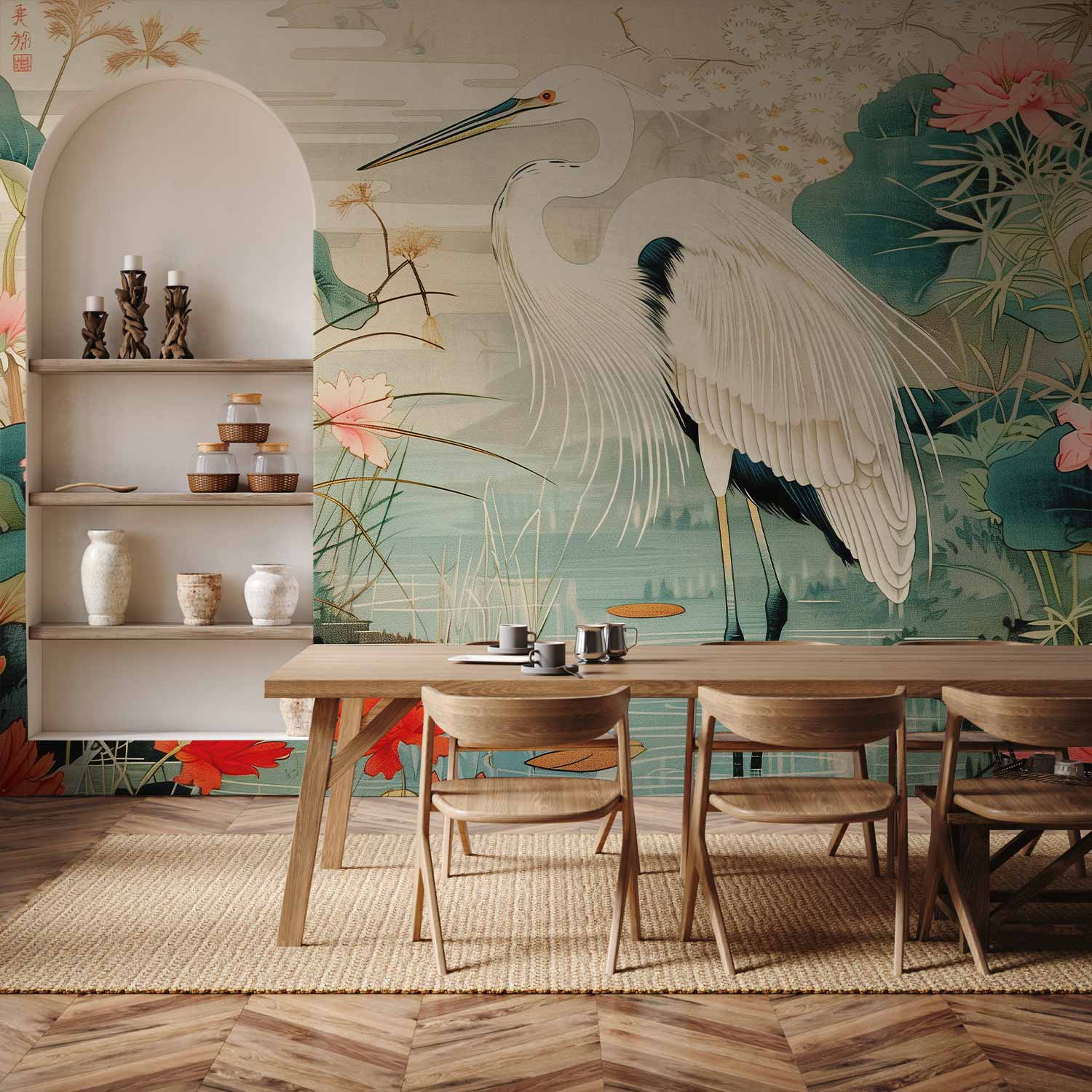 Premium Animal Wall Mural - By An Asian Pond - An Illustration In The Style Of A Japanese Engraving, Depicting A Heron