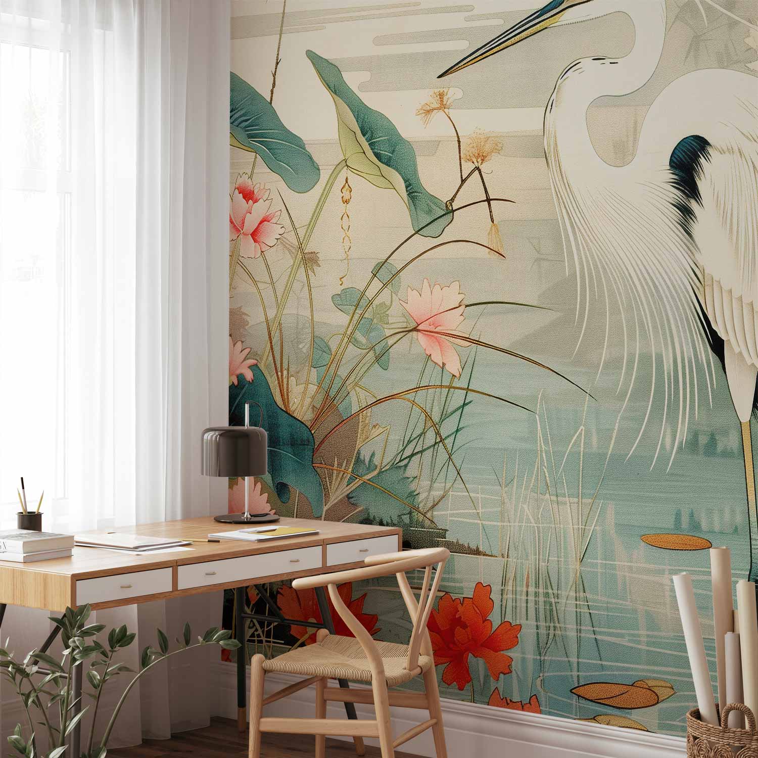 Premium Animal Wall Mural - By An Asian Pond - An Illustration In The Style Of A Japanese Engraving, Depicting A Heron