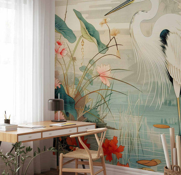 Premium Animal Wall Mural - By An Asian Pond - An Illustration In The Style Of A Japanese Engraving, Depicting A Heron