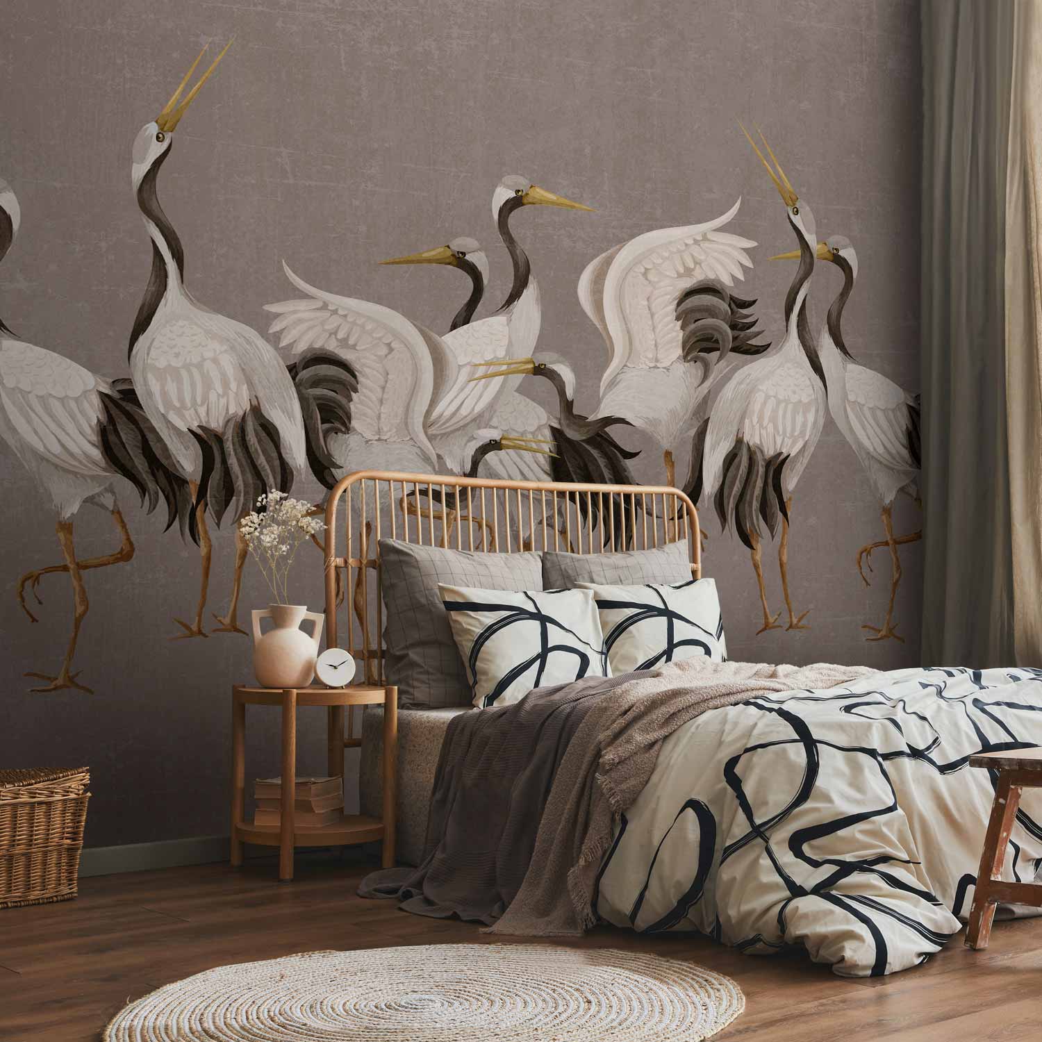 Premium Animal Wall Mural - Crane Dance – Bright Silhouettes Of Birds Against A Warm Grey Background With Texture