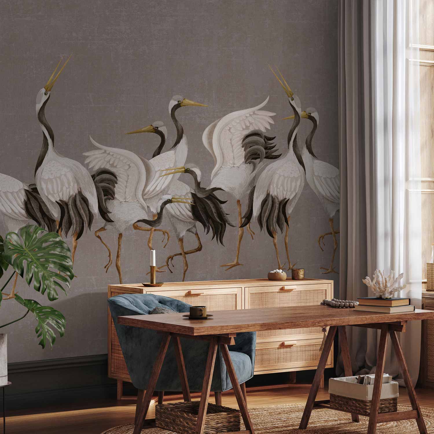 Premium Animal Wall Mural - Crane Dance – Bright Silhouettes Of Birds Against A Warm Grey Background With Texture