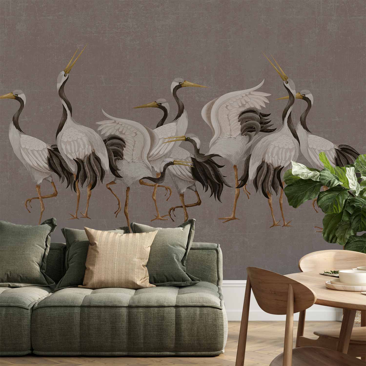 Premium Animal Wall Mural - Crane Dance – Bright Silhouettes Of Birds Against A Warm Grey Background With Texture