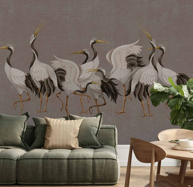 Premium Animal Wall Mural - Crane Dance – Bright Silhouettes Of Birds Against A Warm Grey Background With Texture