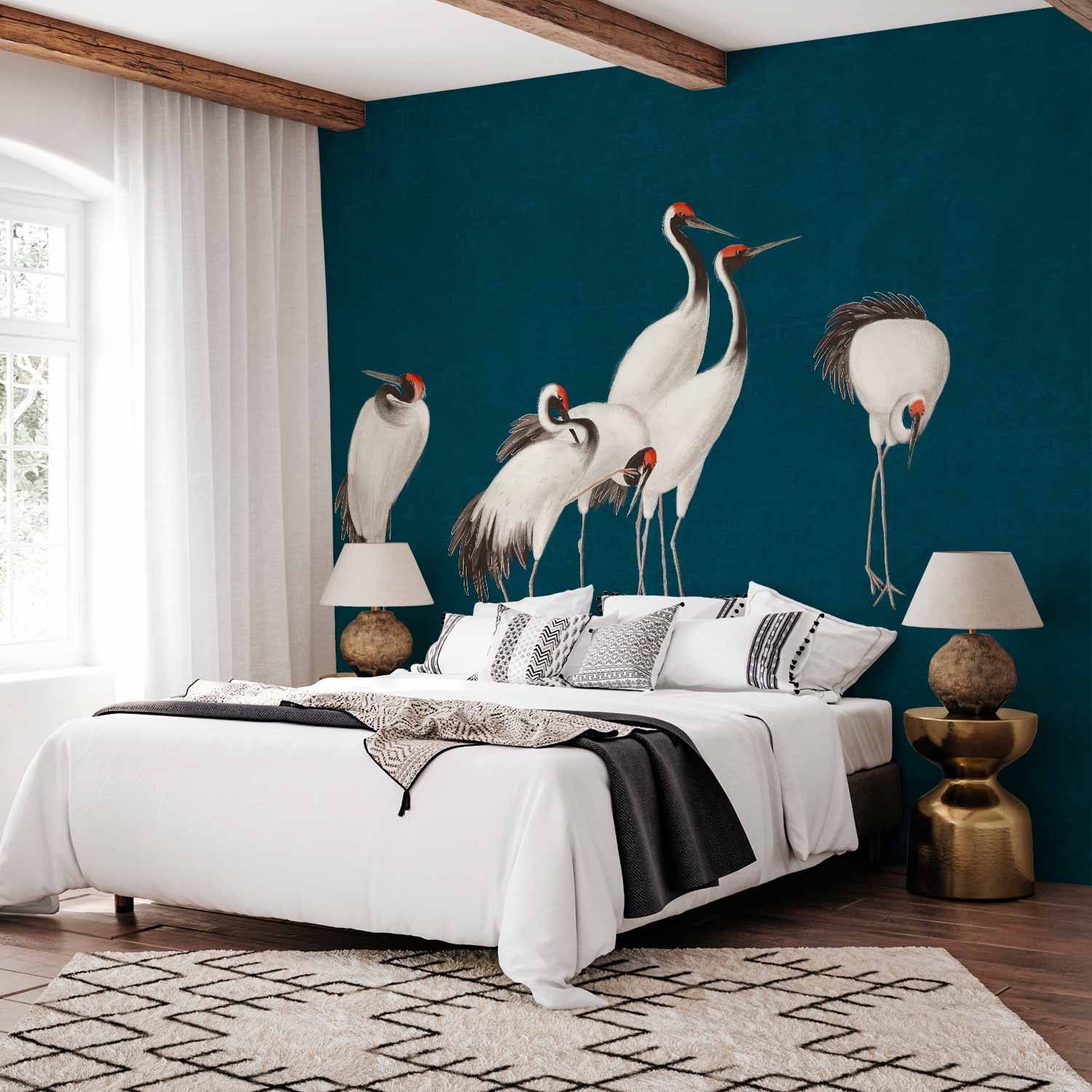 Premium Animal Wall Mural - Evening By The Pond - A Group Of Cranes Drawn In Dry Pastel On A Dark Turquoise Background