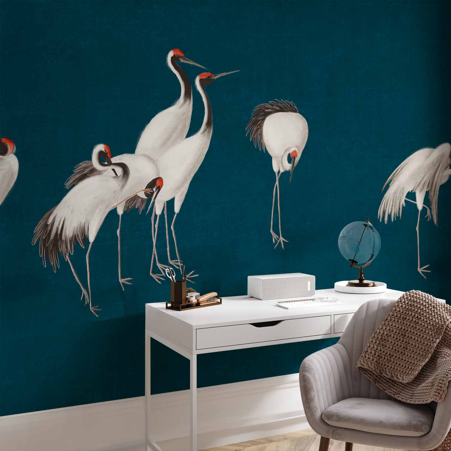 Premium Animal Wall Mural - Evening By The Pond - A Group Of Cranes Drawn In Dry Pastel On A Dark Turquoise Background