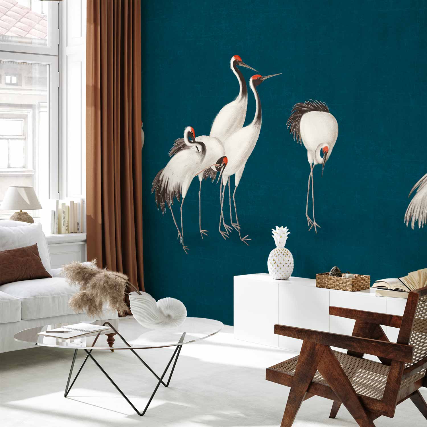 Premium Animal Wall Mural - Evening By The Pond - A Group Of Cranes Drawn In Dry Pastel On A Dark Turquoise Background