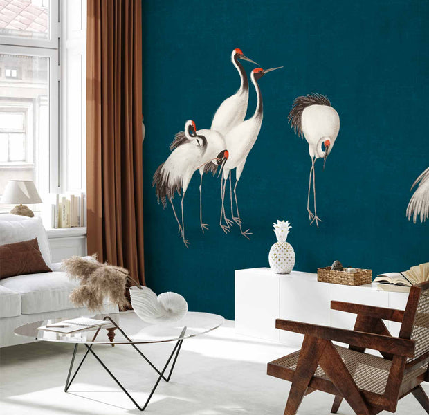 Premium Animal Wall Mural - Evening By The Pond - A Group Of Cranes Drawn In Dry Pastel On A Dark Turquoise Background