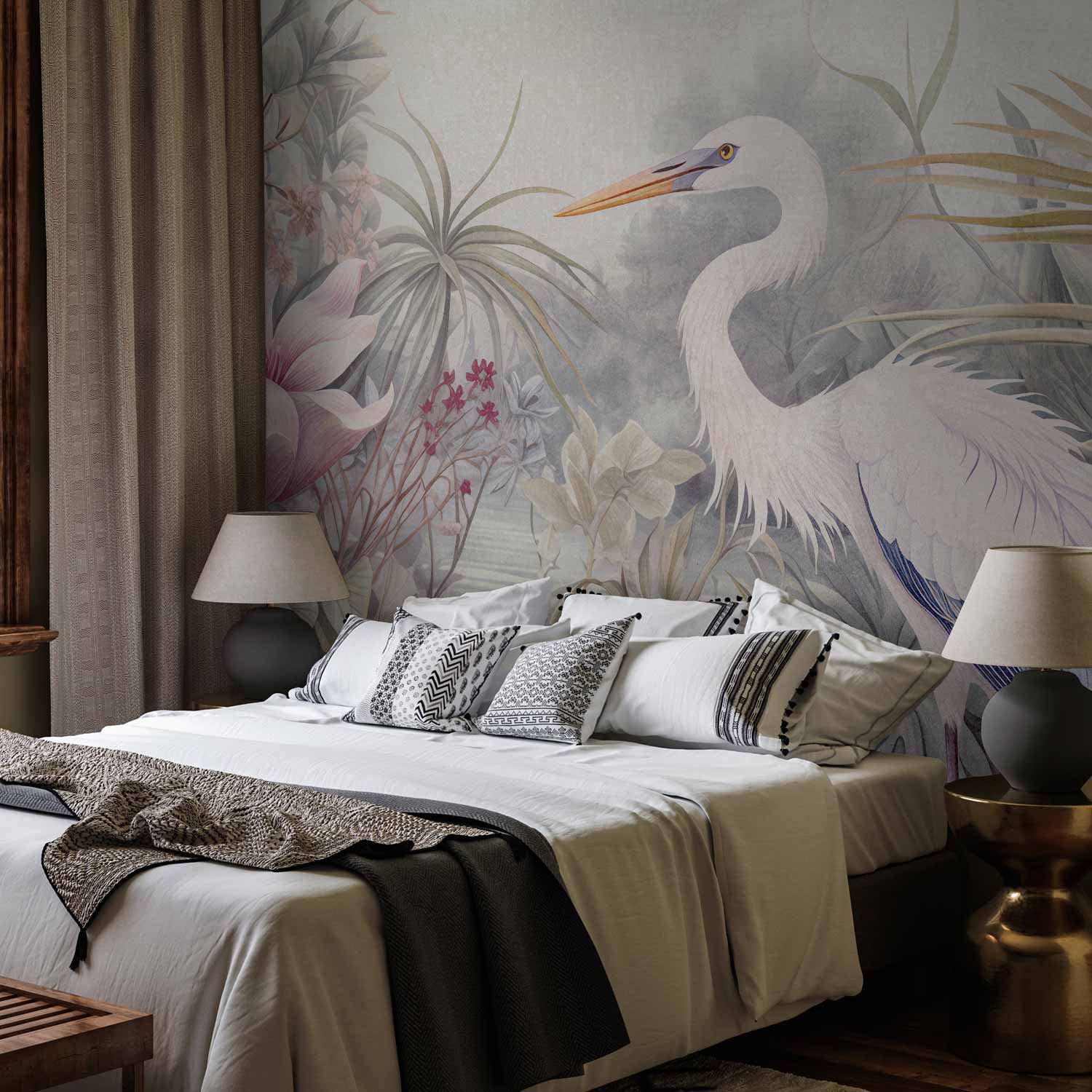 Premium Animal Wall Mural - Heron Wading In A Pond - Illustration In Bright Colours