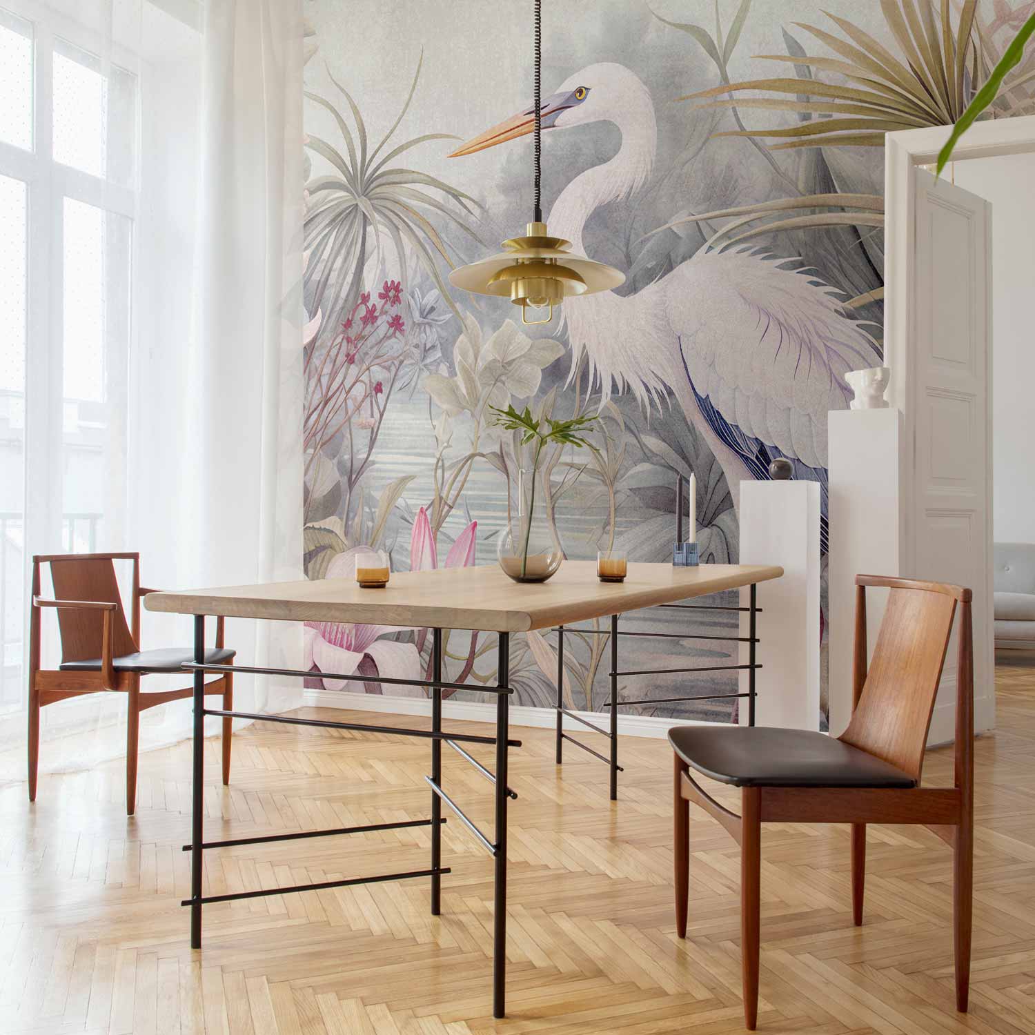 Premium Animal Wall Mural - Heron Wading In A Pond - Illustration In Bright Colours