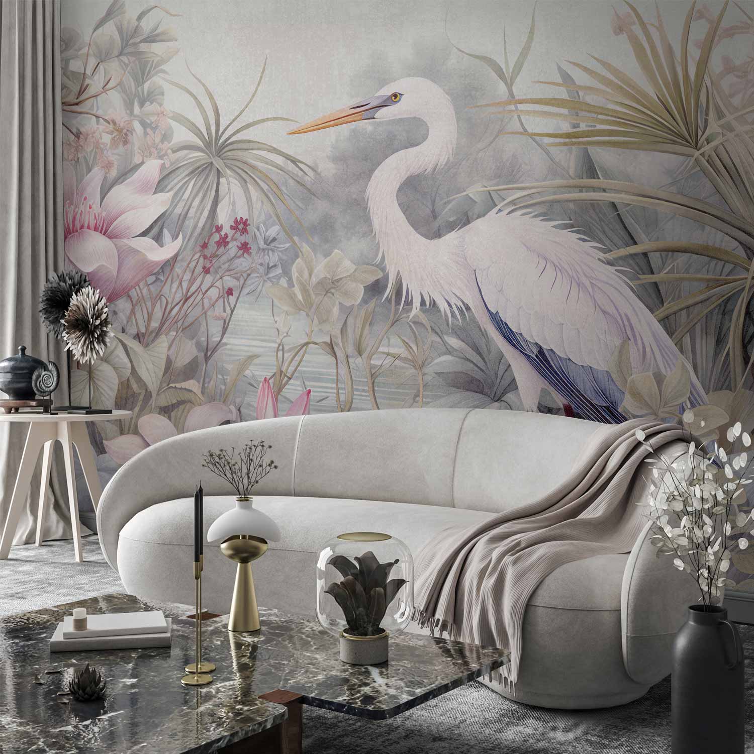 Premium Animal Wall Mural - Heron Wading In A Pond - Illustration In Bright Colours