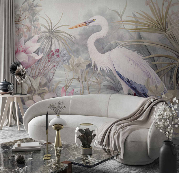 Premium Animal Wall Mural - Heron Wading In A Pond - Illustration In Bright Colours