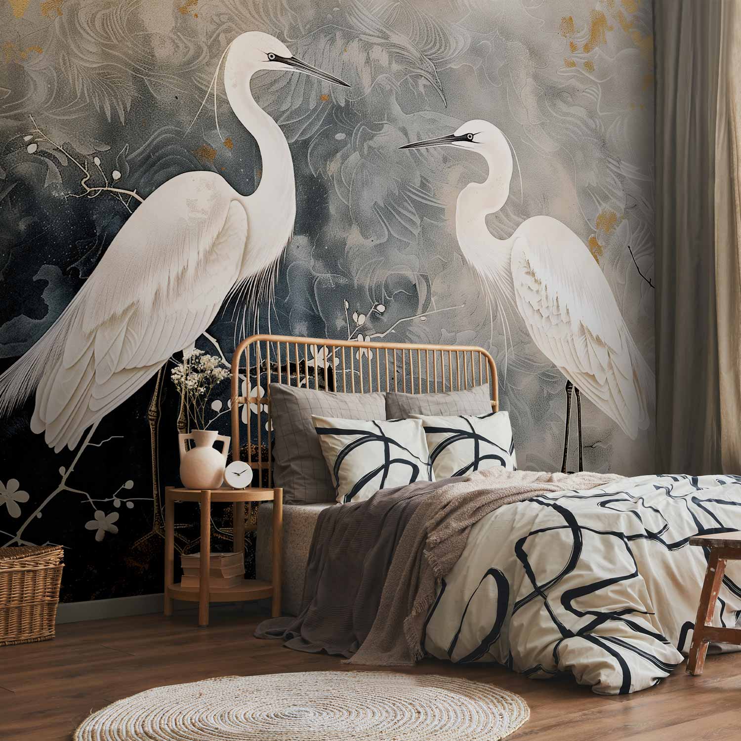 Premium Animal Wall Mural - Herons And Cherry Blossoms - Oriental-Style Illustration Depicting Birds