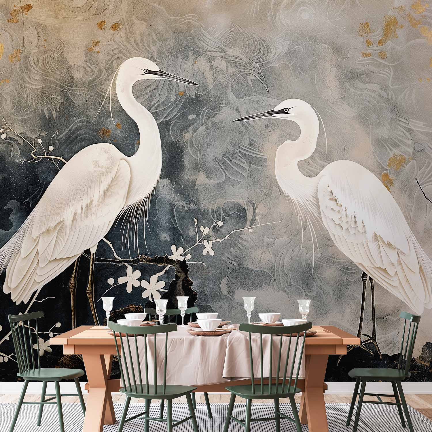 Premium Animal Wall Mural - Herons And Cherry Blossoms - Oriental-Style Illustration Depicting Birds