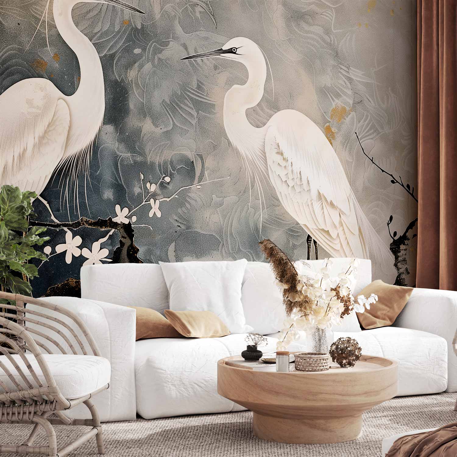 Premium Animal Wall Mural - Herons And Cherry Blossoms - Oriental-Style Illustration Depicting Birds