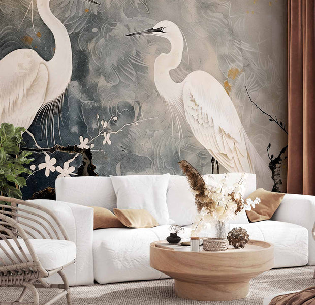 Premium Animal Wall Mural - Herons And Cherry Blossoms - Oriental-Style Illustration Depicting Birds