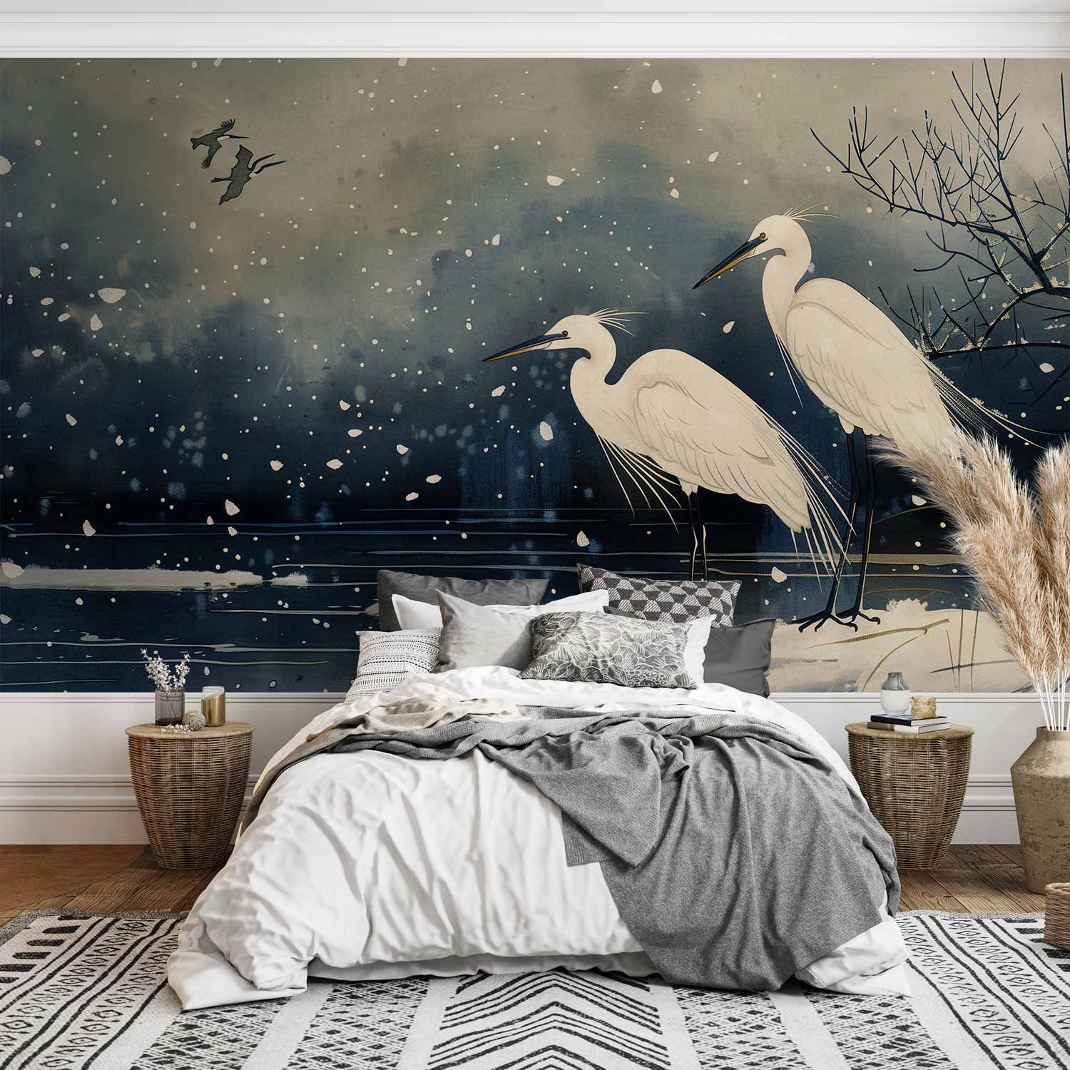 Premium Animal Wall Mural - Herons Over A Winter Pond - Japanese-Style Illustration In Dark Colours
