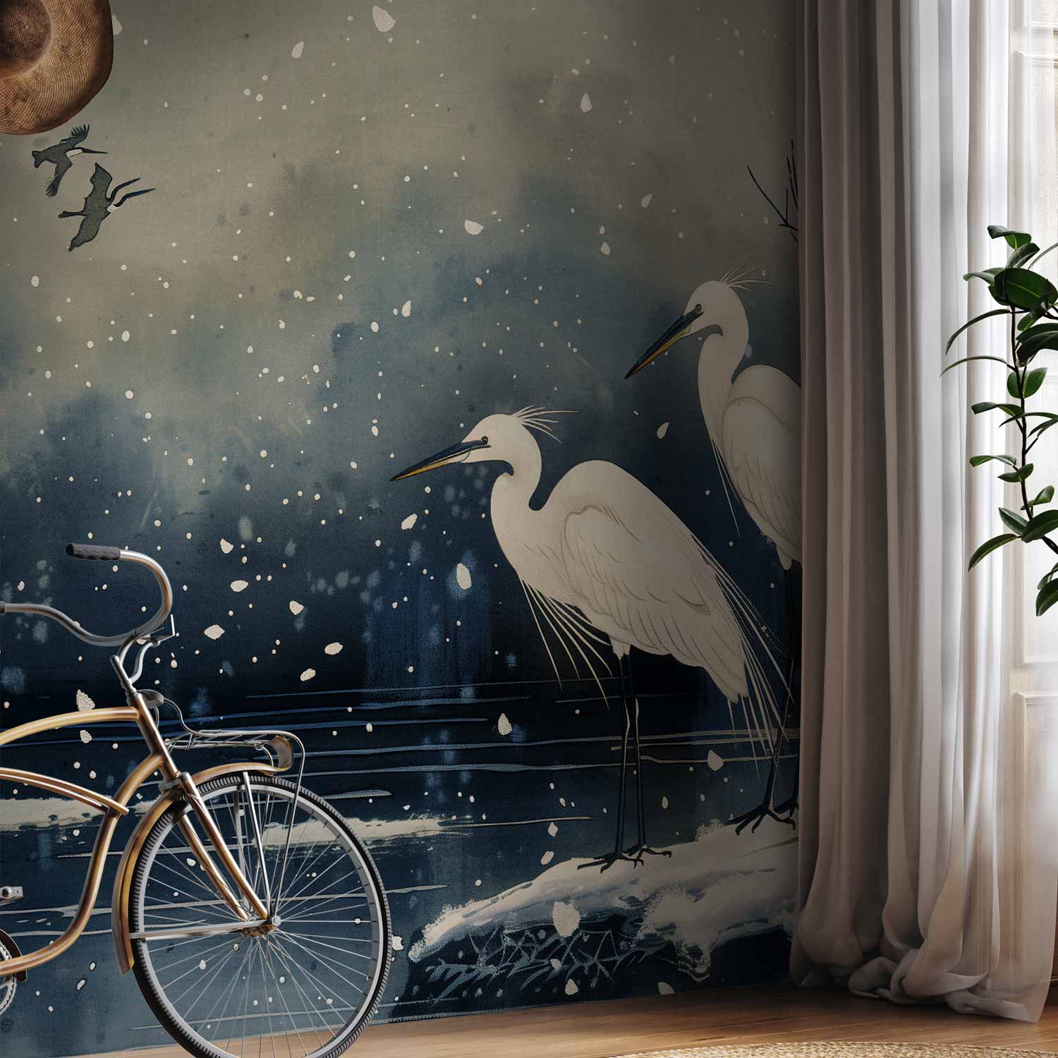 Premium Animal Wall Mural - Herons Over A Winter Pond - Japanese-Style Illustration In Dark Colours