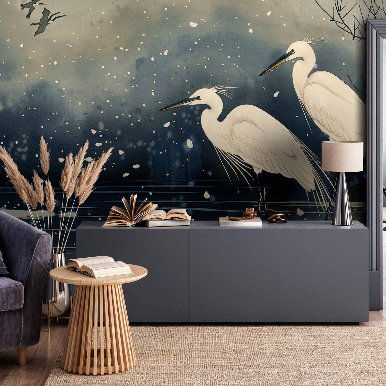 Premium Animal Wall Mural - Herons Over A Winter Pond - Japanese-Style Illustration In Dark Colours