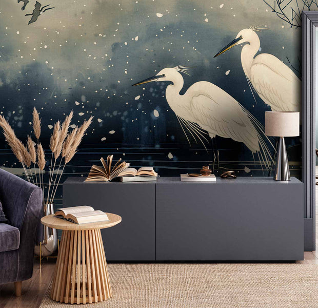 Premium Animal Wall Mural - Herons Over A Winter Pond - Japanese-Style Illustration In Dark Colours