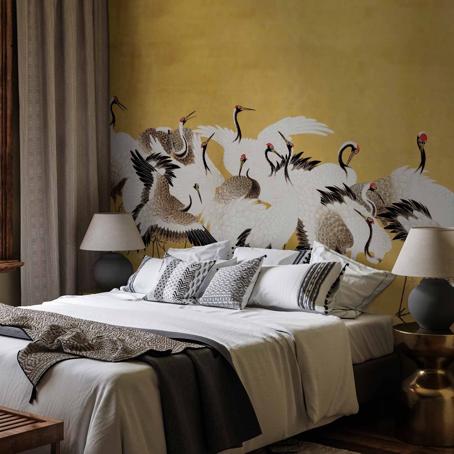 Premium Animal Wall Mural - Japanese Cranes - A Flock Of Birds Against A Golden Background Based On A Painting By Ishida Yūtei