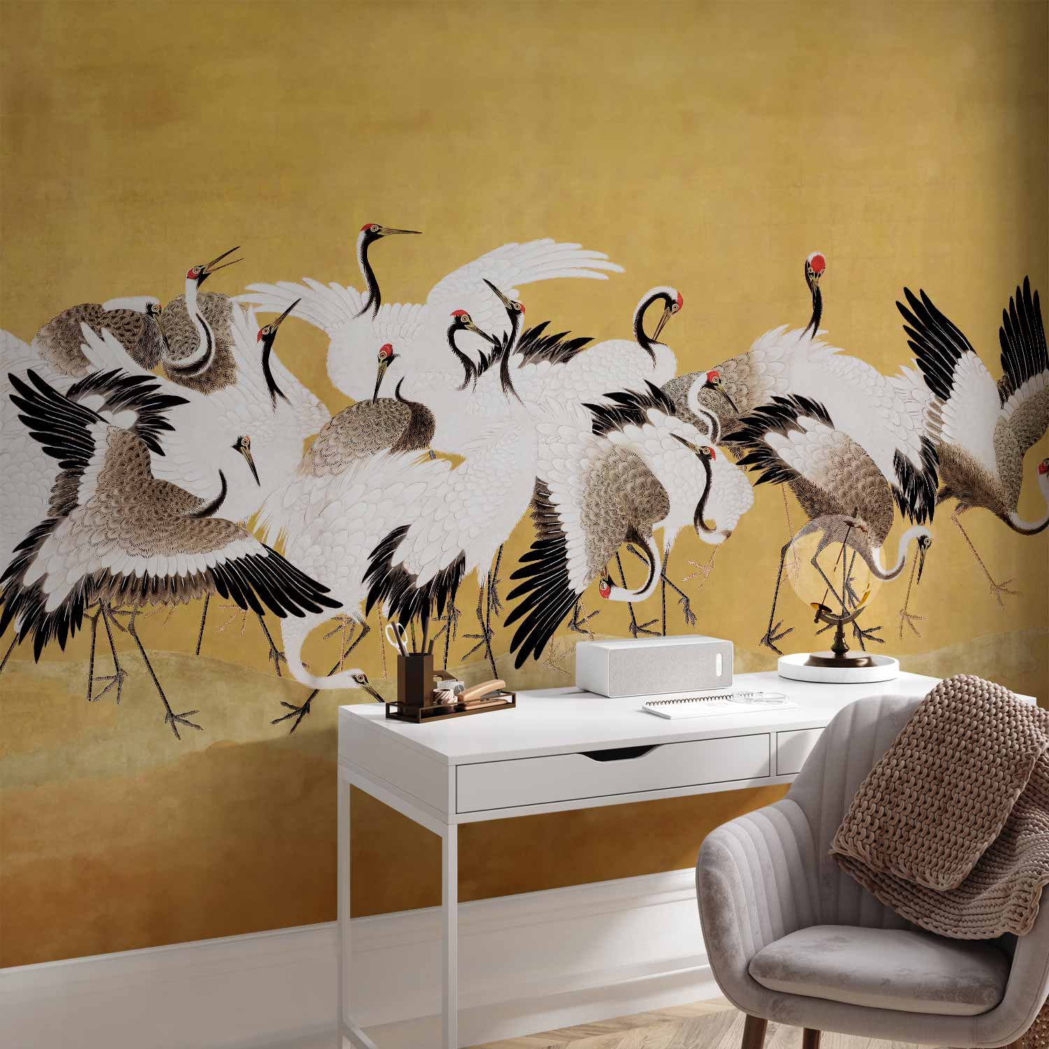 Premium Animal Wall Mural - Japanese Cranes - A Flock Of Birds Against A Golden Background Based On A Painting By Ishida Yūtei