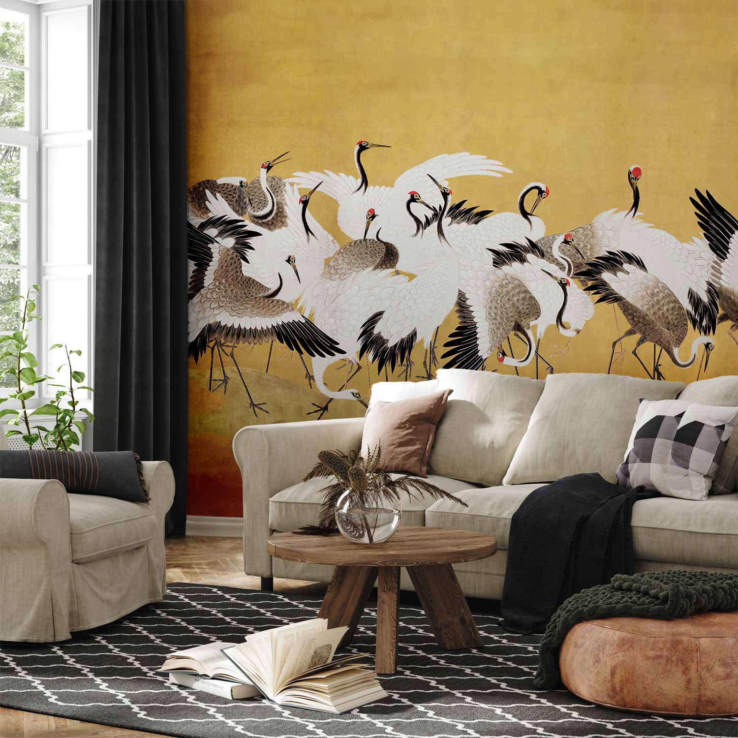 Premium Animal Wall Mural - Japanese Cranes - A Flock Of Birds Against A Golden Background Based On A Painting By Ishida Yūtei