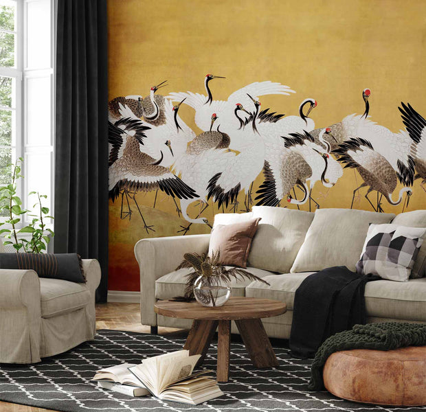 Premium Animal Wall Mural - Japanese Cranes - A Flock Of Birds Against A Golden Background Based On A Painting By Ishida Yūtei