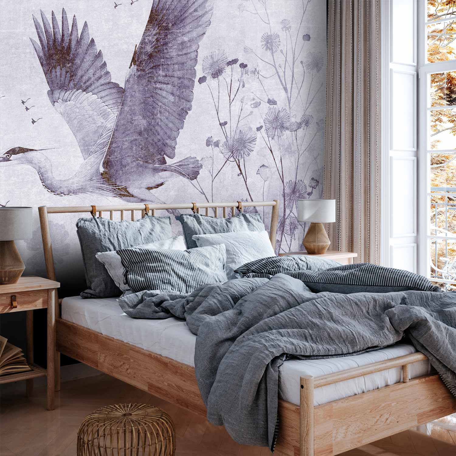 Premium Animal Wall Mural - Majestic Flight - A Crane In Flight In Monochrome