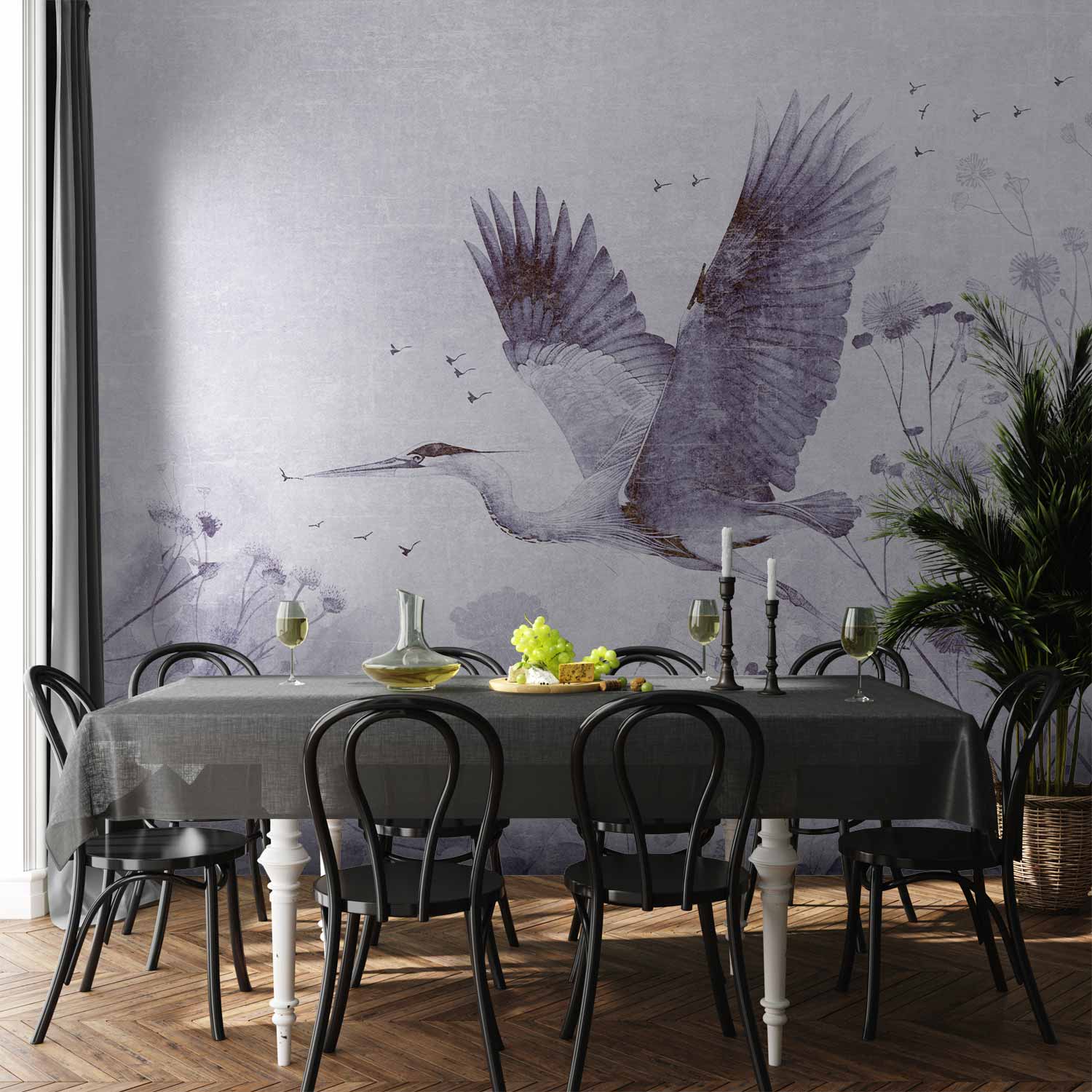 Premium Animal Wall Mural - Majestic Flight - A Crane In Flight In Monochrome