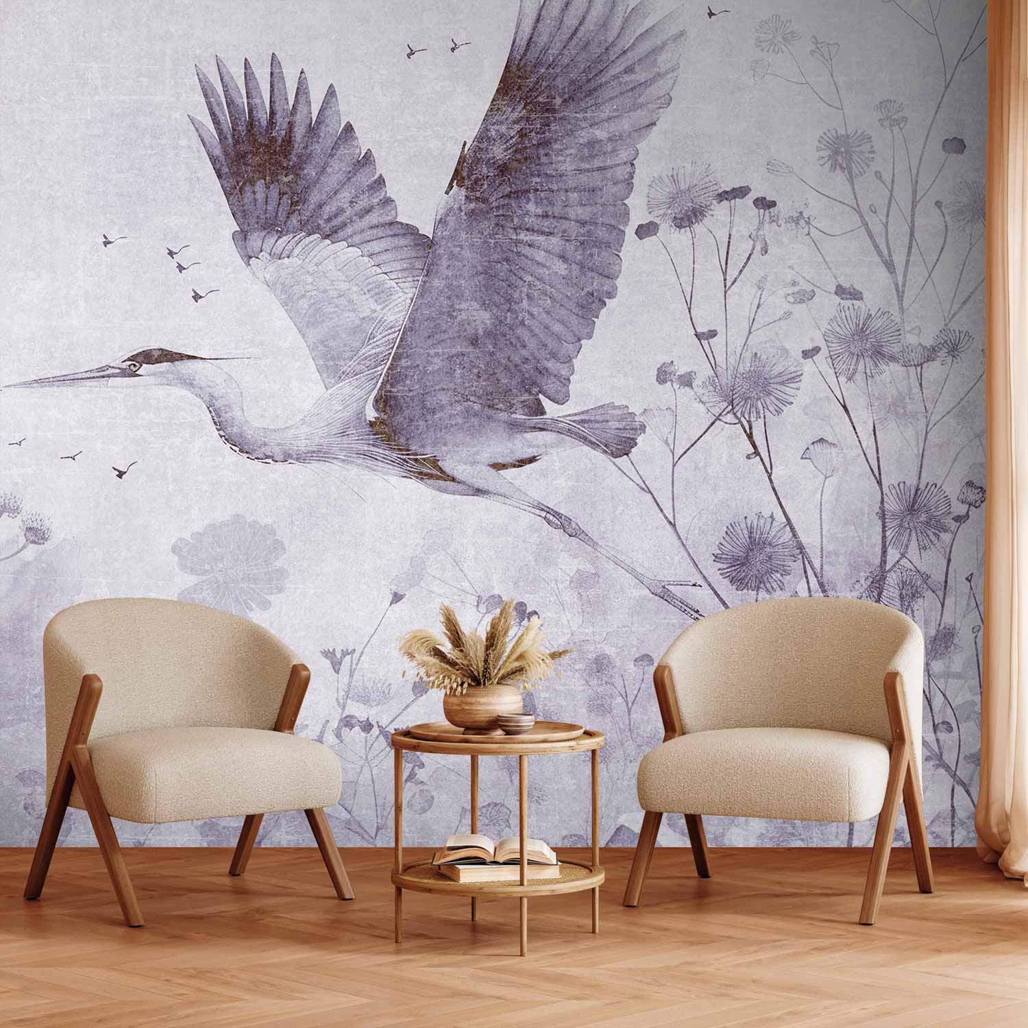 Premium Animal Wall Mural - Majestic Flight - A Crane In Flight In Monochrome
