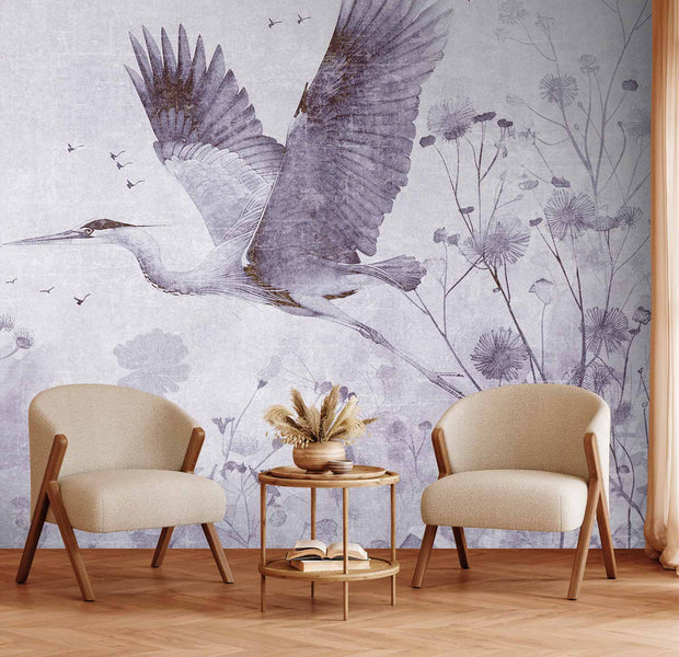 Premium Animal Wall Mural - Majestic Flight - A Crane In Flight In Monochrome
