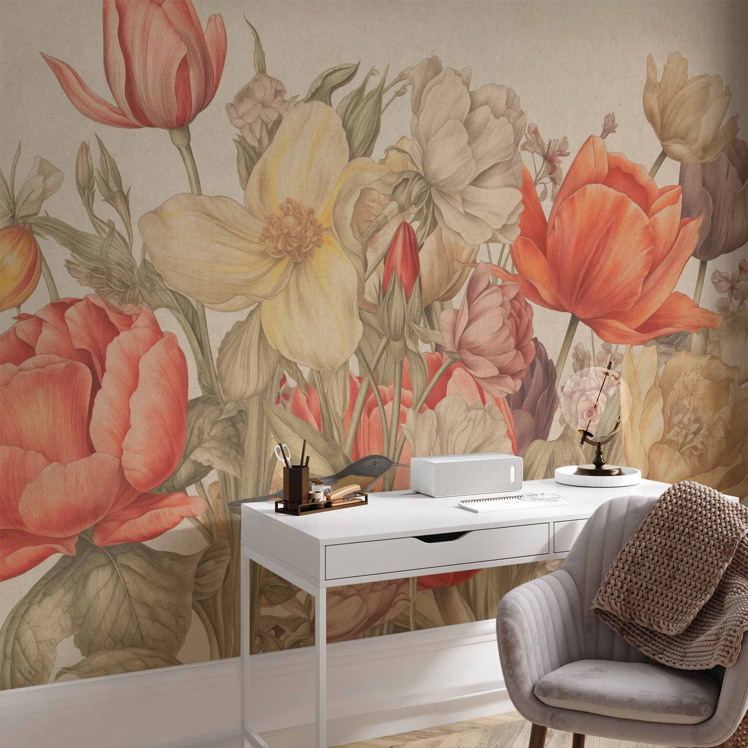 Premium Floral Wall Mural - Bouquet Of Flowers On A Cream Background