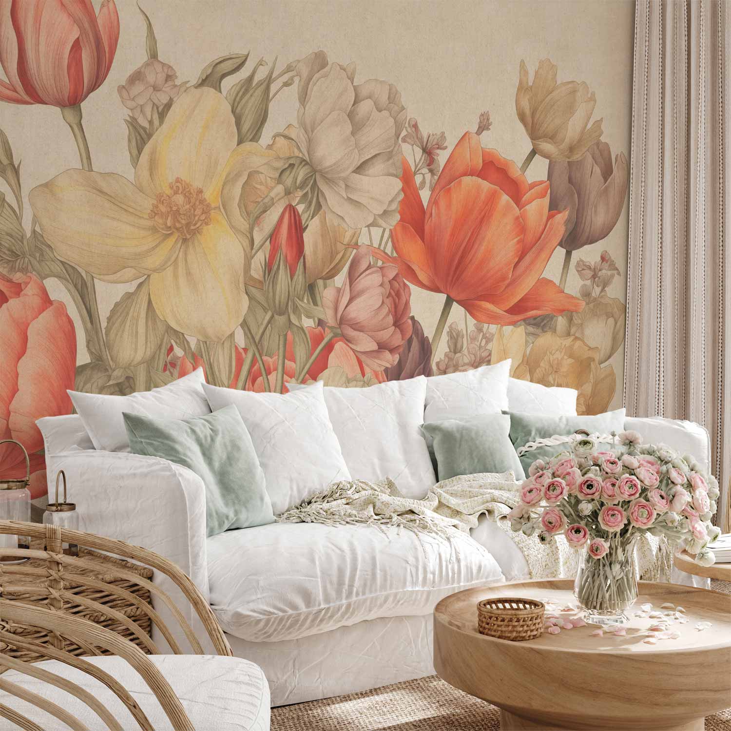 Premium Floral Wall Mural - Bouquet Of Flowers On A Cream Background