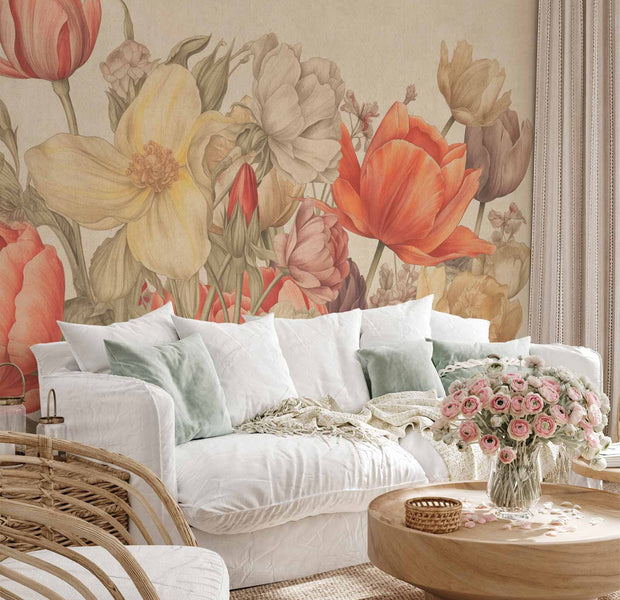 Premium Floral Wall Mural - Bouquet Of Flowers On A Cream Background