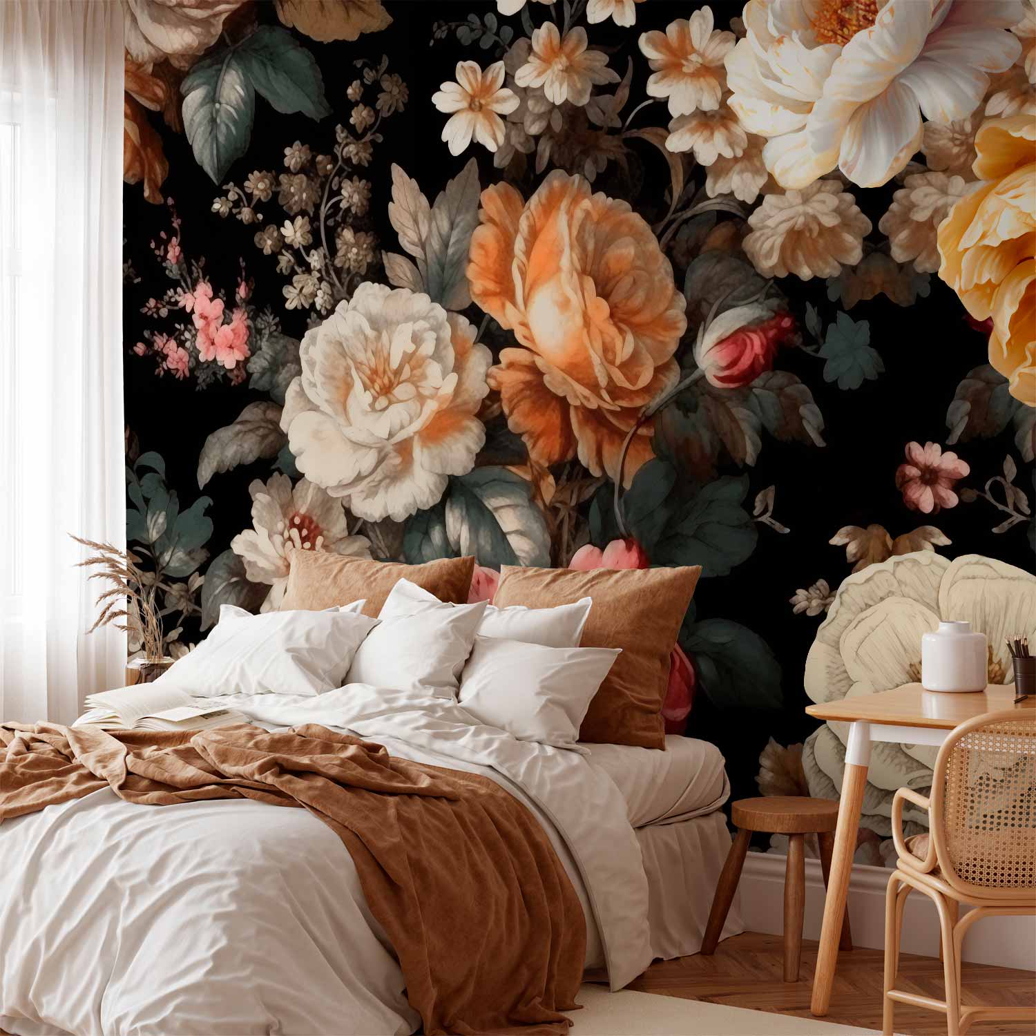 Premium Floral Wall Mural - Colourful Flowers On A Black Background