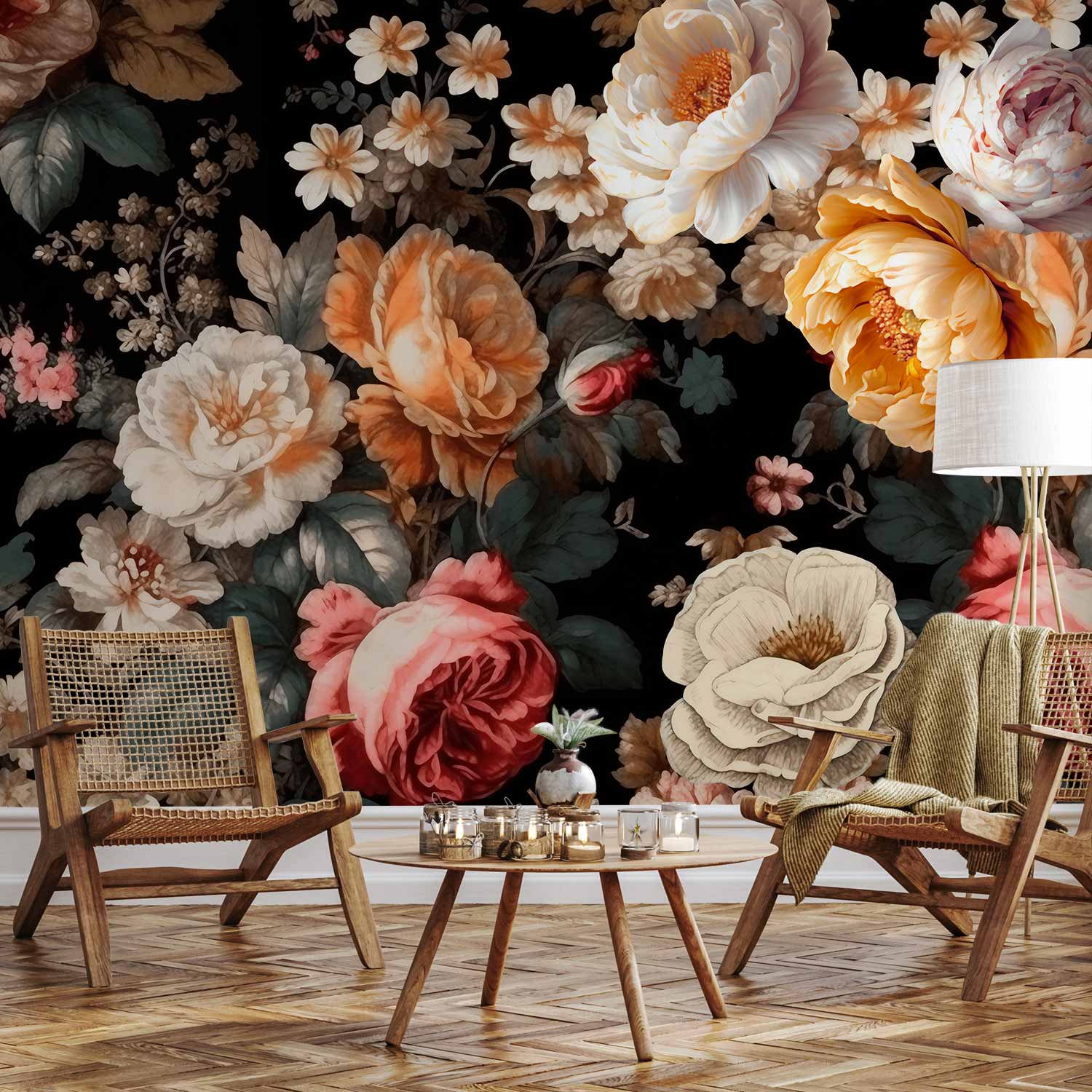 Premium Floral Wall Mural - Colourful Flowers On A Black Background