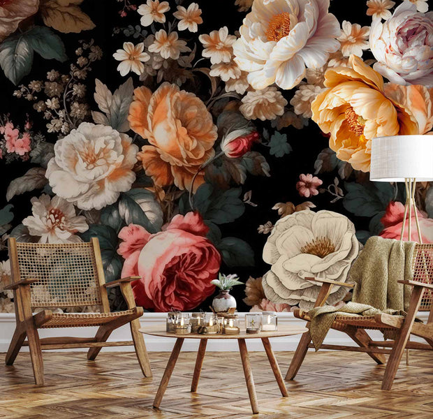 Premium Floral Wall Mural - Colourful Flowers On A Black Background