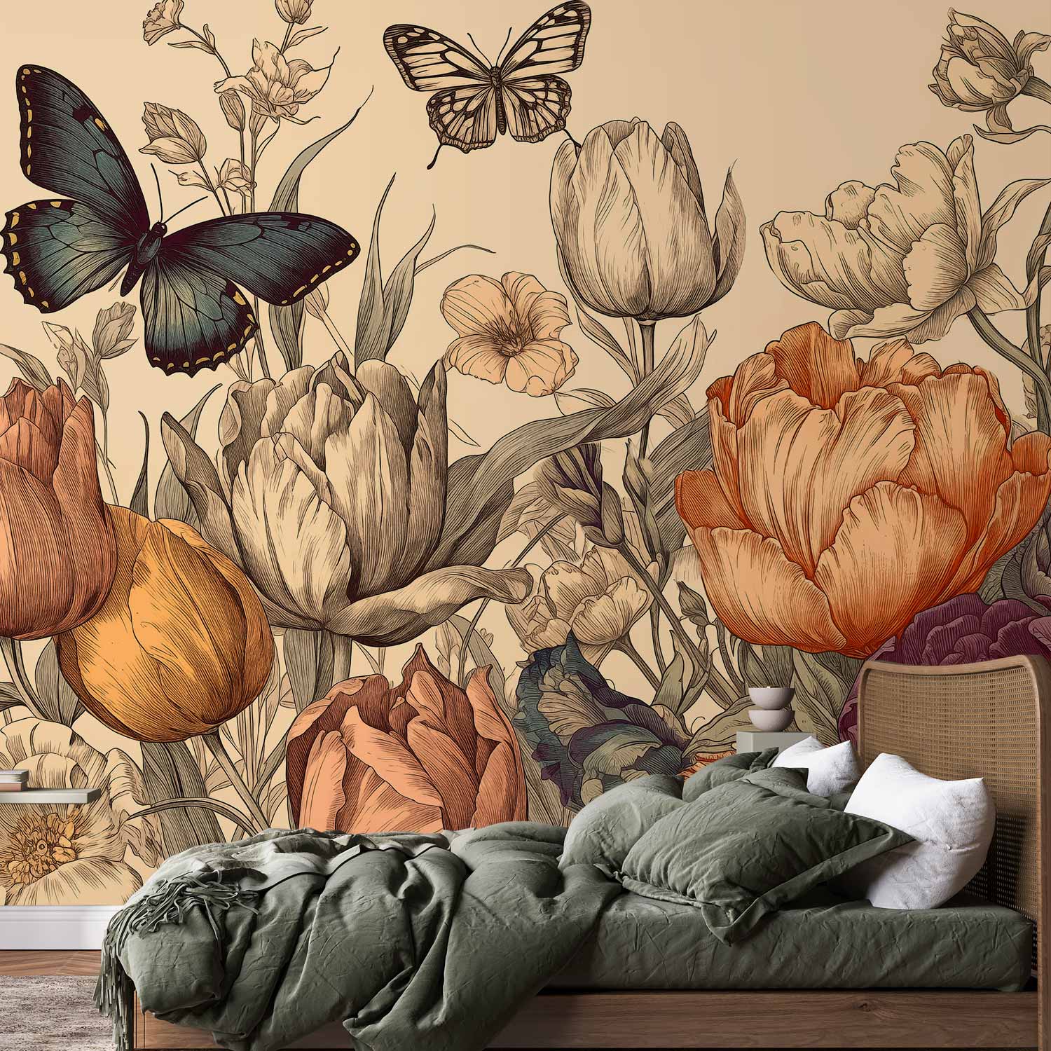 Premium Floral Wall Mural - Colourful Tulips On A Cream Background
