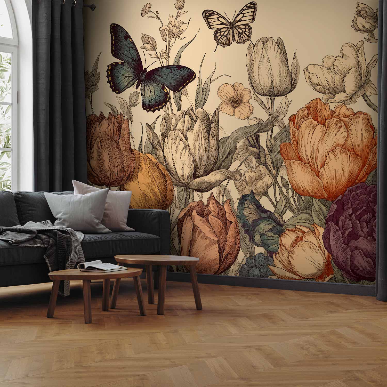 Premium Floral Wall Mural - Colourful Tulips On A Cream Background